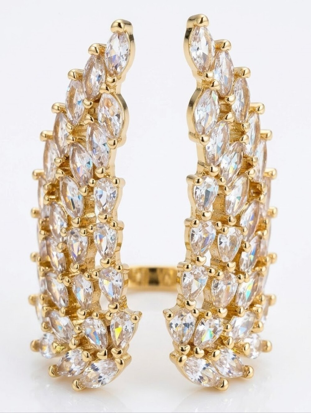 18k Gold Filled Angel Wings White Topaz Adjustable Open Ring Fits Sizes 7-10